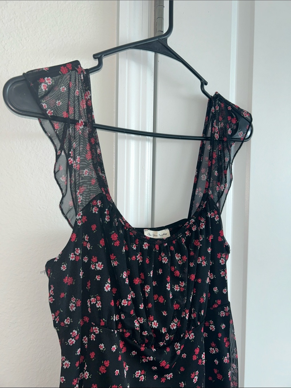 See You Monday Black Dress with Pink Floral Mesh Overlay - Picture 2 of 7